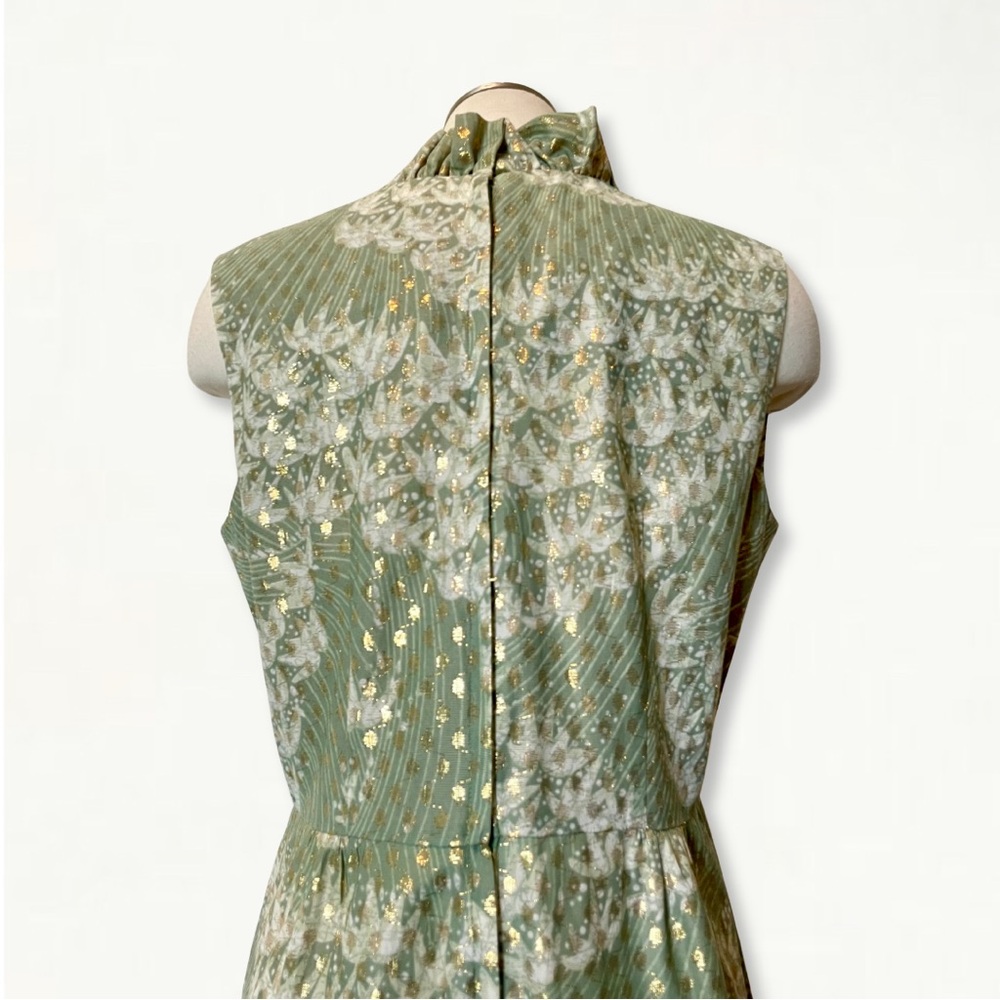 Vintage 1960s Mary Martin Florida Green Sleeveless Long Dress with Gold Detail - Picture 7 of 13